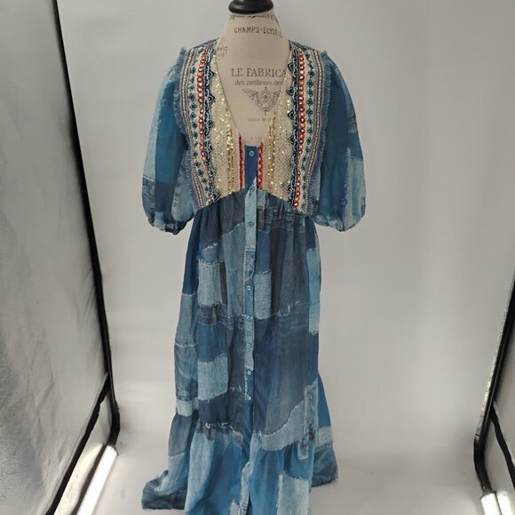 LONG DRESS WITH THREE QUARTER SLEEVES IMITATION DENIM PATCHES WITH SEQUIN - Picture 8 of 13